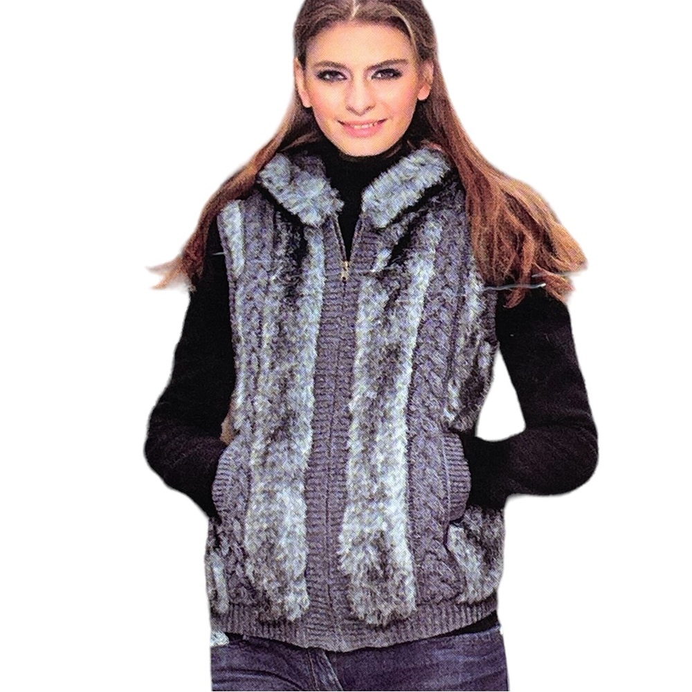 GreenTea Faux Fur Sweater Vest Cable Knit Hoodie NWT Size 2X Brown Taupe Tan